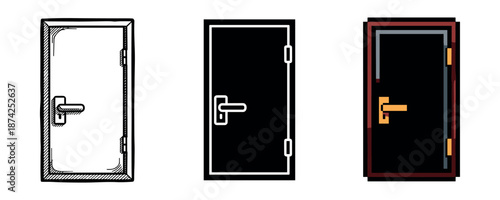 Set of three artistic door designs: sketch, minimalist, and abstract styles