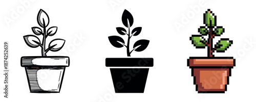 Diverse artistic styles of potted plants: sketch, silhouette, and pixel art representations