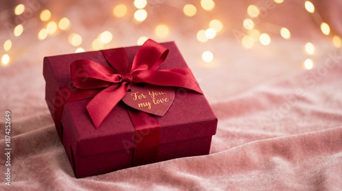 Romantic red gift box with a ribbon and "To you my love" tag on soft fabric, surrounded by bokeh lights, symbolizing affection and special moments for loved ones