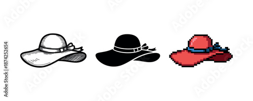 Wide-brimmed hat styles: sketch, silhouette, and pixel art
