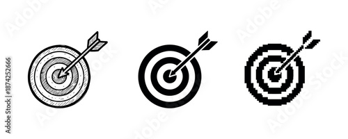 Three arrow target illustrations in sketch, solid, and pixel art styles