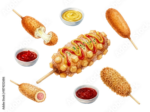 Watercolor Vector Illustration of Korean Corn Dogs – Cheese, Potato and Crispy Street Food Set