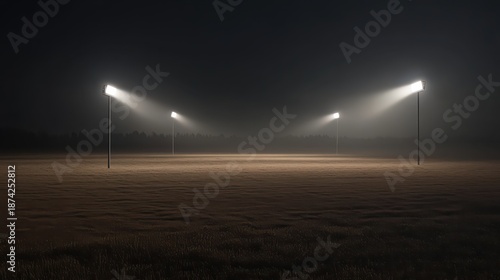 Stadium floodlights illuminating a foggy sports field at night with beams cutting through the mist creating a dramatic atmosphere