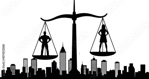 Black silhouette of a scale with a man and woman on either side above a city skyline
