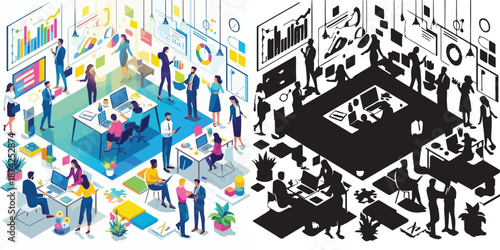 Vector set of illustrations and silhouettes about startups and teamwork in the office