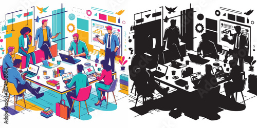 Vector set of illustrations and silhouettes about startups and teamwork in the office