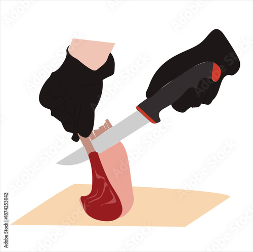 hands cutting meat. hands cut meat into pieces with a knife on a cutting board.
