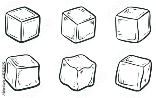 Ice cubes line art vector, simple outline drawing of frozen ice blocks in modern minimal style, ideal for drinks, bars, restaurants, summer illustrations, print, logos, and digital design use.