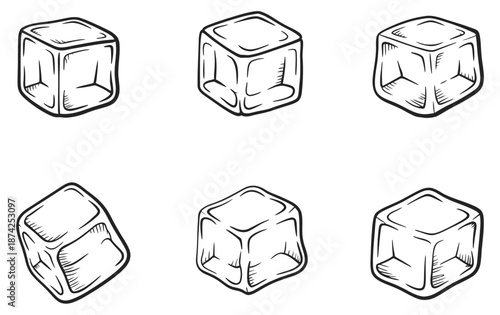 Ice cubes line art vector, minimalist hand drawn illustration of cold ice cubes, clean linear style, perfect for beverage, cocktail, summer, bar menu, packaging, icons, and graphic design projects.