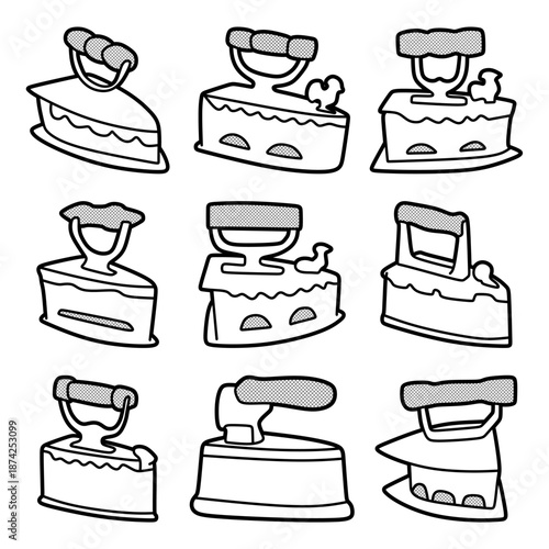 black and white image of various old-fashioned charcoal irons, lines can be changed