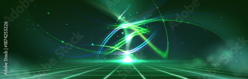Tech background with glowing green and blue neon light trails - dynamic speed effect on dark bg. Futuristic digital motion design with luminous curved lines, sparkles and energy beams over grid.