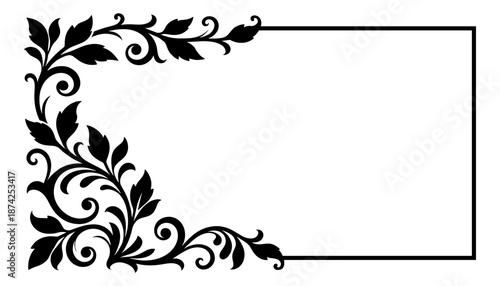 Ornate floral corner frame design with leaves in black and white, vector.