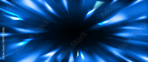 Speed light rays burst from dark center with radial motion blur effect. Dynamic zoom perspective with neon blue and green beams radiating outward. Explosive starburst energy trails on black bg.