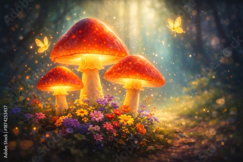 Wallpaper Mural Enchanted forest scene with glowing red mushrooms and magical butterflies Torontodigital.ca