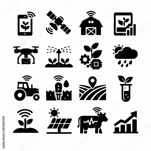 Smart farming icons: precision agriculture, tech integration, sustainable practices