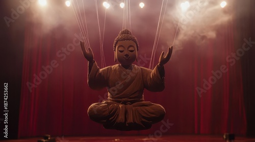 Wooden buddha marionette performing meditation on stage with theatrical lighting