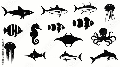 Collection of marine animal silhouettes for design.