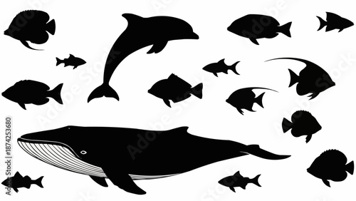 Collection of marine animal silhouettes including whale dolphin and fish.