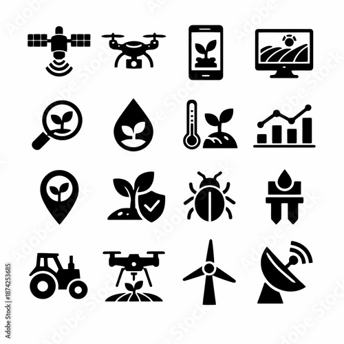 Agricultural technology icons: satellite, drone, smartphone, monitoring, analysis