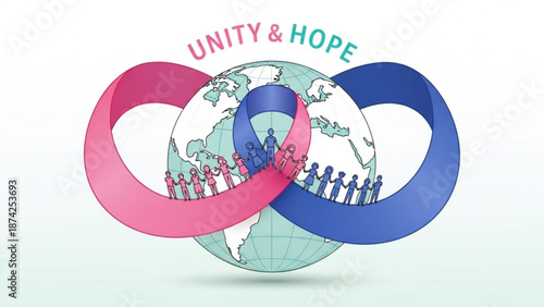 Interlocking infinity loops with diverse people holding hands around a stylized globe symbolizing unity hope and global connection for social causes