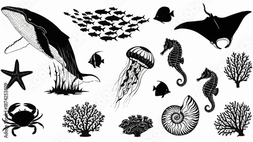 Collection of marine life and ocean creatures in silhouette.
