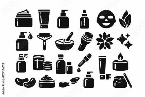 Black and white icons of skincare products and beauty tools
