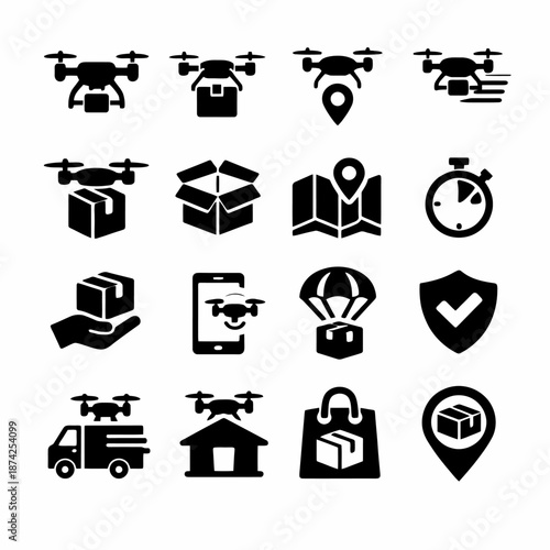 Drone delivery icons: package, map, location, speed, and safety symbols