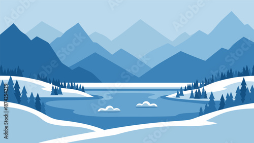 Serene Snowy Mountain Landscape Vector Illustration with Frozen Lake and Pine Trees