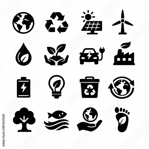Eco-friendly icons: sustainability, renewable energy, and environmental conservation symbols