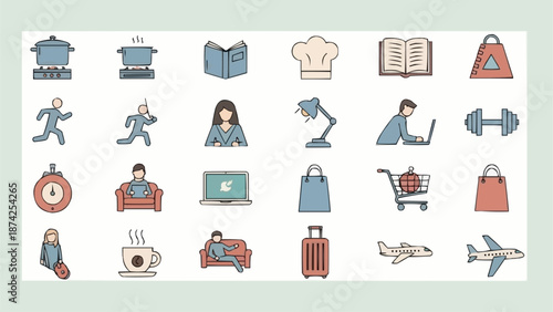 Collection of Icons Representing Various Activities and Objects.