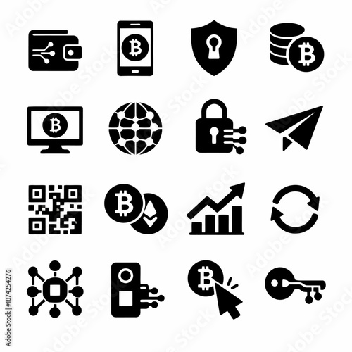 Cryptocurrency and blockchain icon set: wallet, security, bitcoin, analytics, key