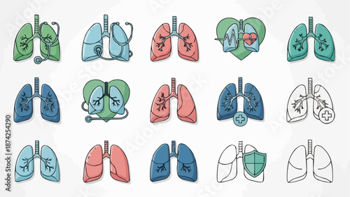 Collection of illustrated human lungs with medical symbols and icons.