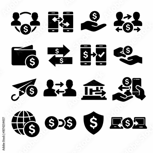 Finance icons collection featuring transactions, money transfer, and online banking symbols