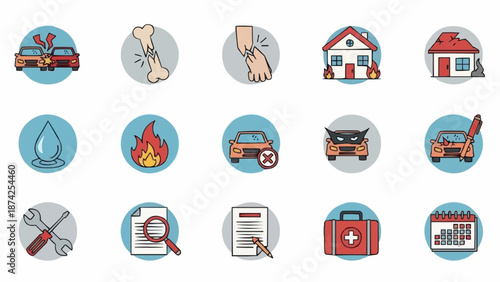 Collection of Insurance Icons Representing Various Risks and Protection.
