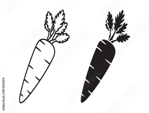 Black and white illustration of two carrots with leafy greens