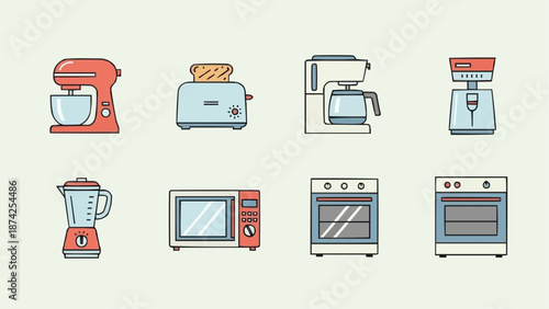 Collection of kitchen appliances in a flat design style.