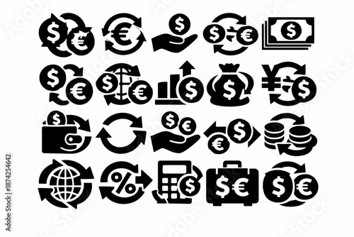 Currency exchange icons: dollar, euro, yen, financial growth symbols