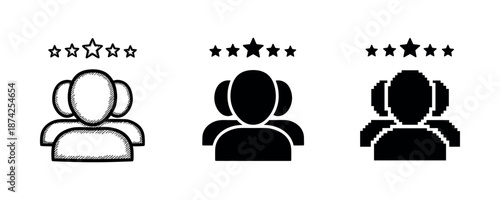 Abstract icons of people with headphones and stars in sketch and pixel art styles