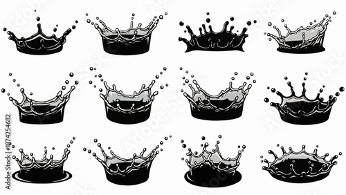 Collection of liquid splashes forming crown shapes.