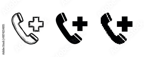 Emergency call symbols in sketched, solid, and pixelated styles