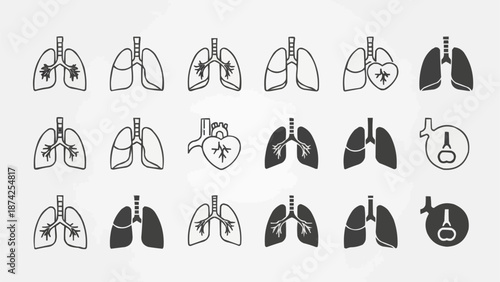 Collection of Lungs and Heart Icons for Medical and Health Concepts.