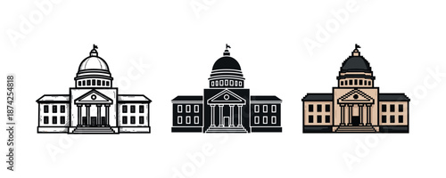 Set of three iconic government buildings with domes and columns