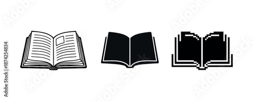 Trio of open book designs: line art, solid silhouette, pixelated style