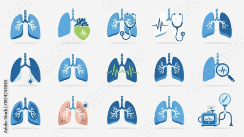 Collection of Lung Icons Representing Health and Medicine.