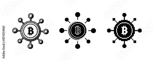 Bitcoin network symbols set: vintage, modern, pixel art designs