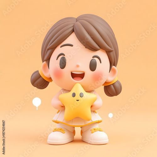 Cute 3D Cartoon Girl with Star Plush Toy on Peach Background｜かわいい3Dカートゥーンの女の子と星のぬいぐるみ ピーチ色背景