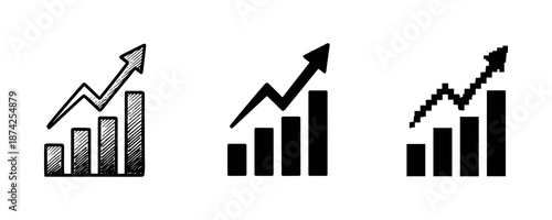 Three styles of bar chart icons with upward arrows on white background