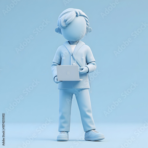 Minimal 3D Faceless Humanoid with Laptop and Headphones on Light Blue Background｜ライトブルー背景のミニマル3Dノートパソコンとヘッドホンを持つ顔のない人物