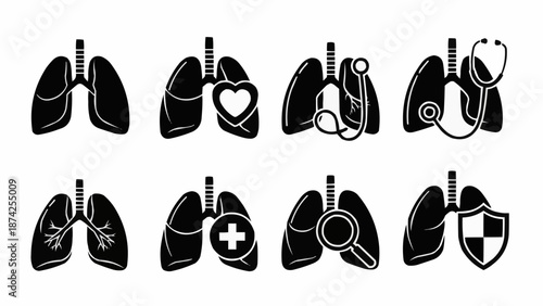 Collection of Lungs Icons with Medical Symbols.