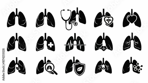 Collection of Lungs Icons with Medical Symbols.